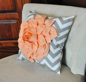 Peach Dahlia on Gray and White Zigzag Pillow -Chevron Pillow- New Bedbuggs Color - Daisy Manor