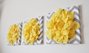 Two Wall Flower -Bright Yellow  Dahlia on Gray and White Chevron 12 x12" Canvas Wall Art- Flower Wall Art - Daisy Manor