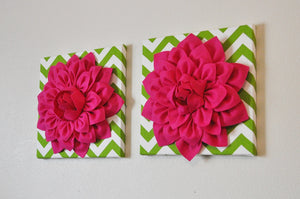 Two Flower Wall Hangings- Hot Pink Dahlia on Chartreuse and White Chevron 12 x12" Canvas Wall Art- Baby Nursery Wall Decor- - Daisy Manor