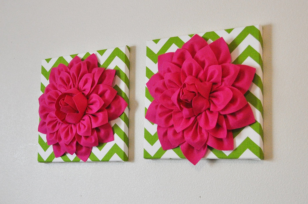 Two Flower Wall Hangings- Hot Pink Dahlia on Chartreuse and White Chevron 12 x12