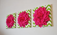 Load image into Gallery viewer, Three Hot Pink Dahlias on Green and White Chevron Canvases - Daisy Manor
