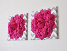 Load image into Gallery viewer, TWO Hot Pink Dahlias on Gray and White Chevron Canvases - Daisy Manor
