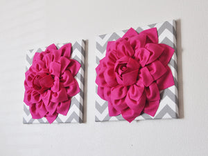 TWO Hot Pink Dahlias on Gray and White Chevron Canvases - Daisy Manor