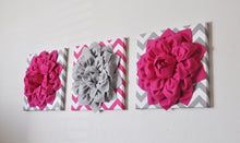 Load image into Gallery viewer, TWO Hot Pink Dahlias on Gray and White Chevron Canvases - Daisy Manor
