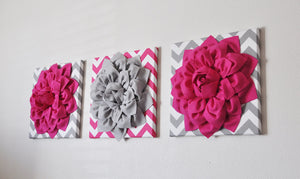 TWO Mix and Match Hot Pink and Gray Dahlia Chevron Canvas Set - Daisy Manor