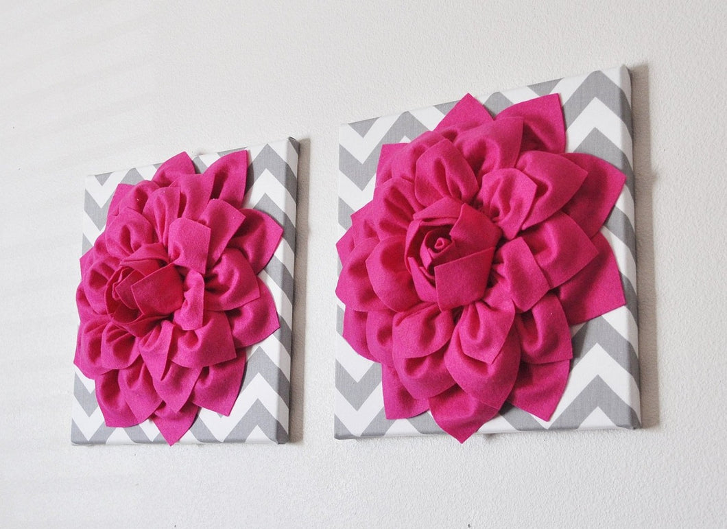 TWO Hot Pink Dahlias on Gray and White Chevron Canvases - Daisy Manor