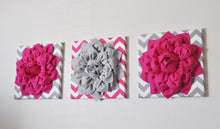 Load image into Gallery viewer, Three Hot Pink and Gray Flower Chevron Canvases - Daisy Manor
