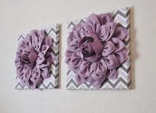 Load image into Gallery viewer, Two Wall Flowers -Lilac Dahlia on Lilac Gray and White Chevron 12 x12&quot; Canvas Wall Art- Baby Nursery Wall Decor- - Daisy Manor
