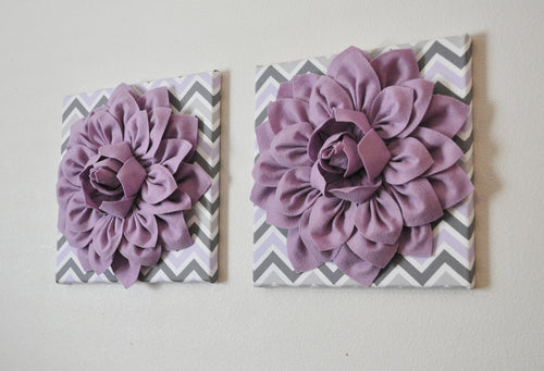 Two Wall Flowers -Lilac Dahlia on Lilac Gray and White Chevron 12 x12