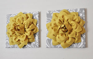 Two Flower Wall Hangings -Mellow Yellow Dahlia on Gray and White Damask 12 x12" Canvas Wall Art- Baby Nursery Wall Decor- - Daisy Manor