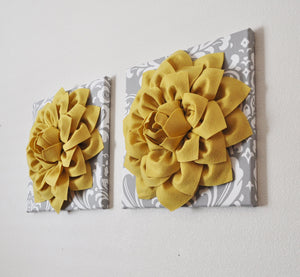 Two Flower Wall Hangings -Mellow Yellow Dahlia on Gray and White Damask 12 x12" Canvas Wall Art- Baby Nursery Wall Decor- - Daisy Manor