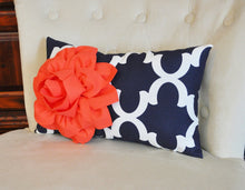 Load image into Gallery viewer, Decorative Throw Pillow -- Coral Flower on Navy and White Moroccan Lumbar Pillow - Daisy Manor
