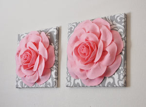 TWO Light Pink Roses on Gray and White Damask Canvases Wall Art - Daisy Manor