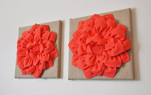 Two Wall Canvases - Coral Dahlia Flowers on Burlap 12 x12" Canvas Wall Art- Rustic Home Decor- - Daisy Manor