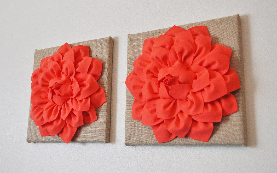 Two Wall Canvases - Coral Dahlia Flowers on Burlap 12 x12