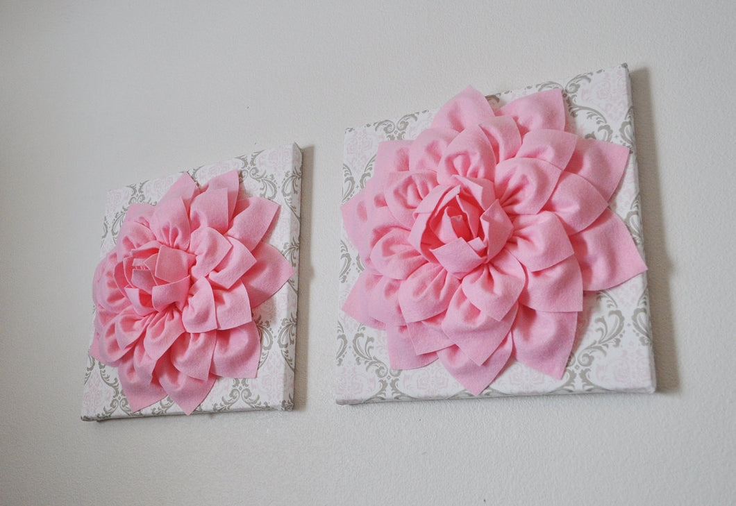 Two Wall Flowers -Light Pink Dahlia Flowers on White, Taupe and Light Pink Damask Print 12 x12