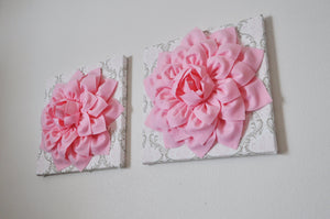 Two Wall Flowers -Light Pink Dahlia Flowers on White, Taupe and Light Pink Damask Print 12 x12" Canvas Wall Art- Baby Nurse - Daisy Manor