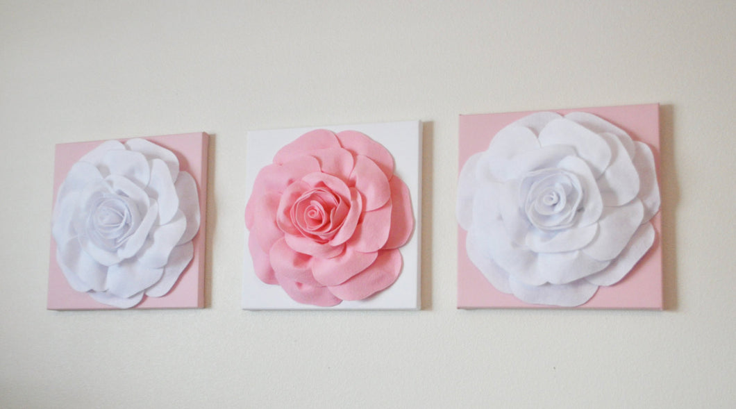 Wall Decor -Set Of Three Light Pink and White Flower Wall Hangings 12 x12