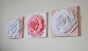 Wall Decor -Set Of Three Light Pink and White Flower Wall Hangings 12 x12" Canvas Wall Art- - Daisy Manor