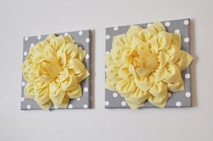 Two Wall Flowers -Light Yellow Dahlia on Gray and White Polka Dot 12 x12" Canvas Wall Art- 3D Felt Flower - Daisy Manor