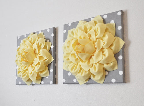 Two Wall Flowers -Light Yellow Dahlia on Gray and White Polka Dot 12 x12