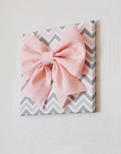 Load image into Gallery viewer, Large Light Pink Bow on Pink and Gray and White Chevron 12 x12&quot; Canvas Wall Art- Baby Nursery Wall Decor- Zig Zag - Daisy Manor
