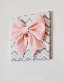 Large Light Pink Bow on Pink and Gray and White Chevron 12 x12