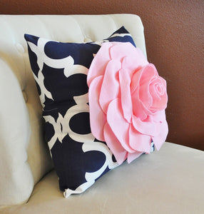 Light Pink Rose on Navy and White Moroccan Print Pillow -Moroccan Decorative Pillow- - Daisy Manor