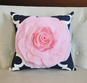 Light Pink Rose on Navy and White Moroccan Print Pillow -Moroccan Decorative Pillow- - Daisy Manor