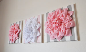 Two Wall Flowers -Light Pink Dahlias on Gray and White Stripe  12 x12" Canvas Baby Nursery Wall Art- - Daisy Manor