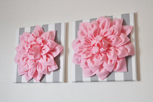 Set of Three White and Light Pink Dahlia and Stripe Canvases - Daisy Manor