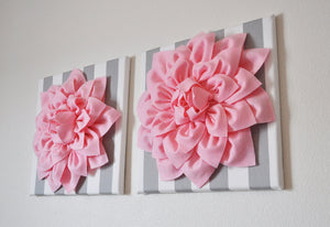 Two Wall Flowers -Light Pink Dahlias on Gray and White Stripe  12 x12" Canvas Baby Nursery Wall Art- - Daisy Manor