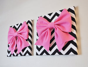 Two Large Pink Bow on Black and White Chevron 12 x12" Canvas Wall Art- Baby Nursery Wall Decor- Zig Zag - Daisy Manor