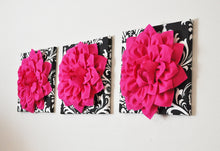 Load image into Gallery viewer, Three Hot Pink Dahlia Flowers on Black and White Damask Canvases - Daisy Manor
