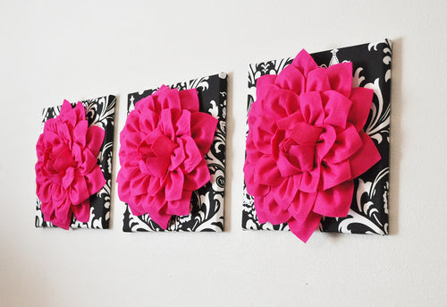 Three Hot Pink Dahlia Flowers on Black and White Damask Canvases - Daisy Manor