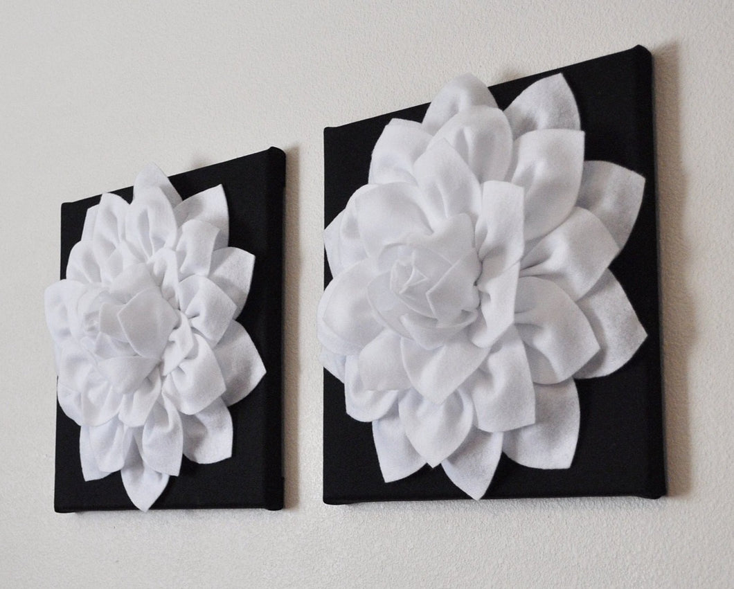 Two Flower Wall Hangings -White Dahlia on Black 12 x12