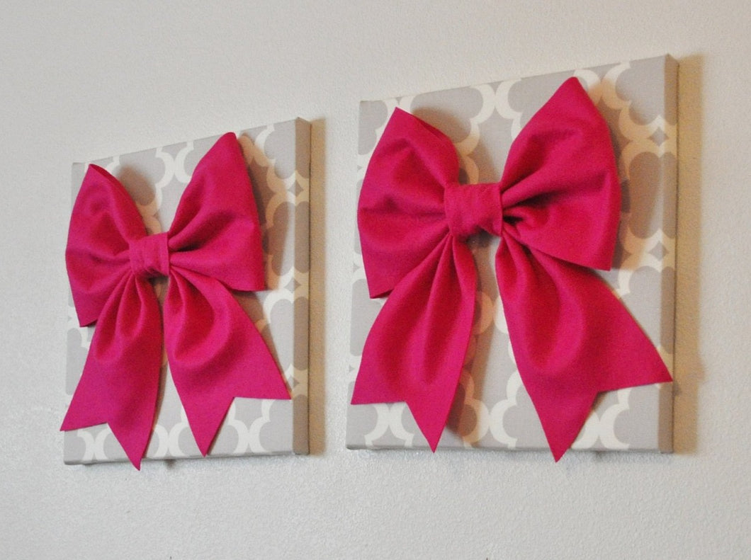 Two Bow Wall Hangings -Large Hot Pink Bows on Neutral Gray Tarika Trellis 12 x12