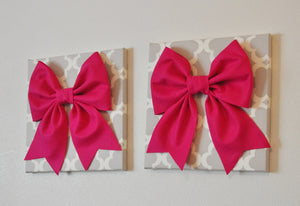 Two Bow Wall Hangings -Large Hot Pink Bows on Neutral Gray Tarika Trellis 12 x12" Canvas Wall Art- Baby Nursery Wall Decor- - Daisy Manor