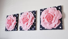 Load image into Gallery viewer, Two Flower Wall Art - Light Pink Dahlia on Navy and White Polka Dot 12 x12&quot; Canvas Wall Hanging - 3D Felt Flower - Daisy Manor
