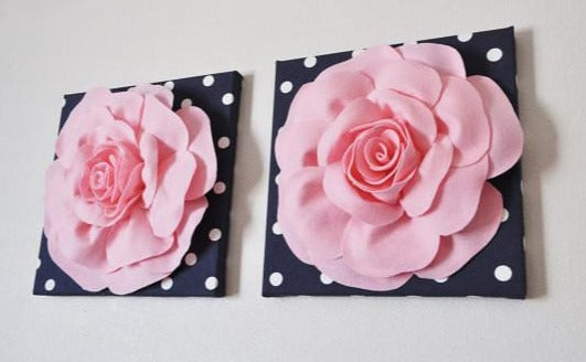 Two Flower Wall Art - Light Pink Dahlia on Navy and White Polka Dot 12 x12