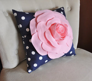 Two Flower Wall Art - Light Pink Dahlia on Navy and White Polka Dot 12 x12" Canvas Wall Hanging - 3D Felt Flower - Daisy Manor
