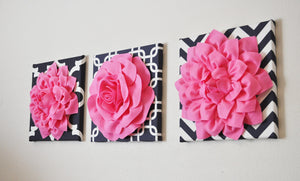 THREE Pink Flower Set on Navy and White Prints Canvases - Daisy Manor