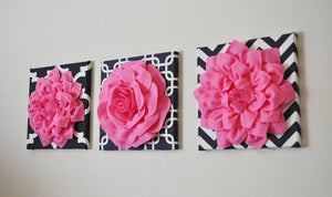 THREE Pink Flower Set on Navy and White Prints Canvases - Daisy Manor