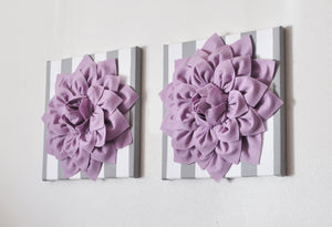 Two Wall Art -Lilac Dahlia on Gray and White Stripe 12 x12" Canvas Wall Hanging- Baby Nursery Wall Decor- - Daisy Manor