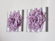 Load image into Gallery viewer, Two Wall Art -Lilac Dahlia on Gray and White Stripe 12 x12&quot; Canvas Wall Hanging- Baby Nursery Wall Decor- - Daisy Manor
