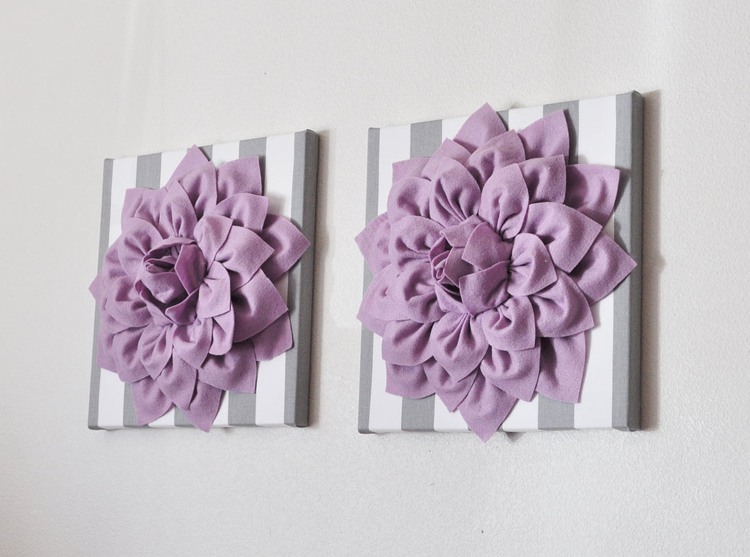 Two Wall Art -Lilac Dahlia on Gray and White Stripe 12 x12