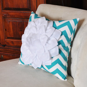 Pillow--Flower Pillow, Turquoise Chevron, Baby Nursery Decor, 14 x 14 Filled Pillow, Gift for Her, Gift for Baby - Daisy Manor