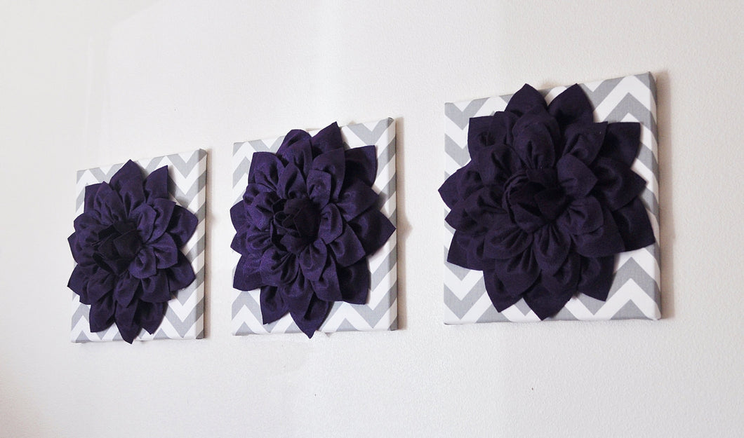 Wall Art - Three Purple Dahlia on Gray and White Chevron 12 x12