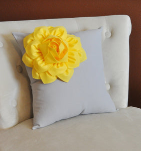Decorative Pillows Yellow Corner Dahlia on Gray Pillow for Couch 14 X 14 - Throw Pillow - Yellow and Gray Home Decor - - Daisy Manor