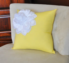 Load image into Gallery viewer, Yellow Decorative Pillow -- White Corner Flower on Yellow Pillow 14 X 14  - Nursery Decor Pillows - Daisy Manor
